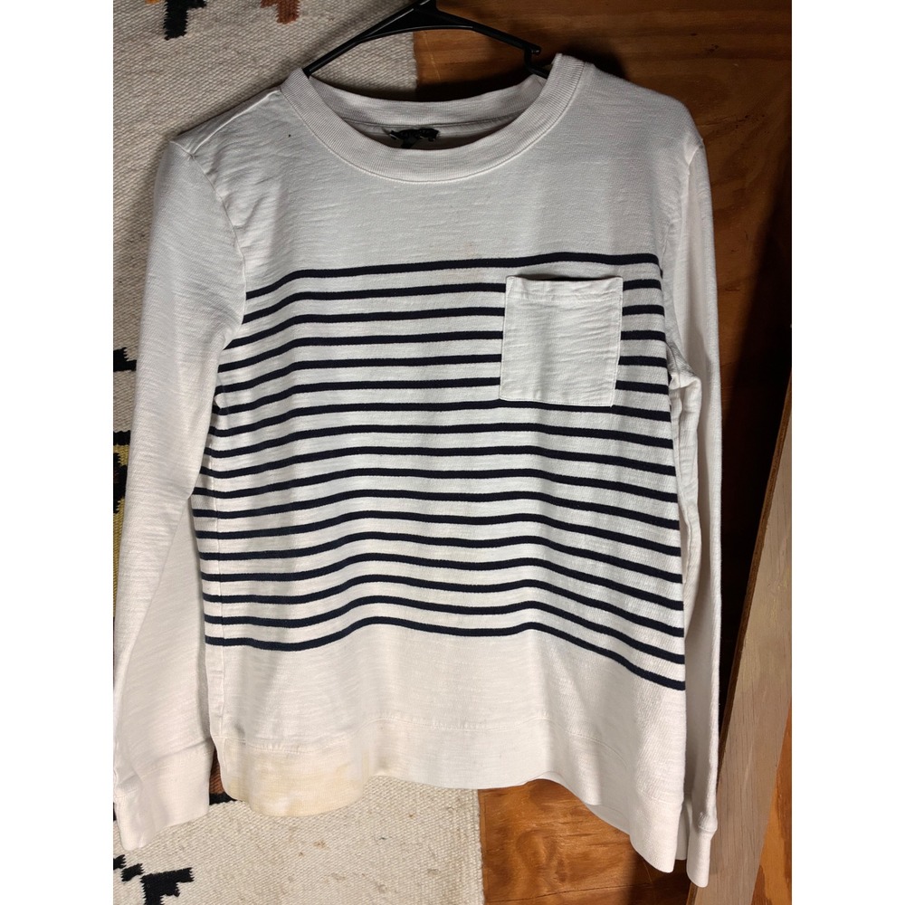 Talbots Striped Long Sleeve Top Womens Small Petite White Blue Fair Pocket Slub